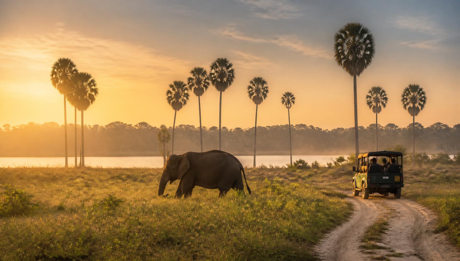 Wild elephant grazing beside a lagoon at sunrise in Kumana National Park with a safari jeep on the track