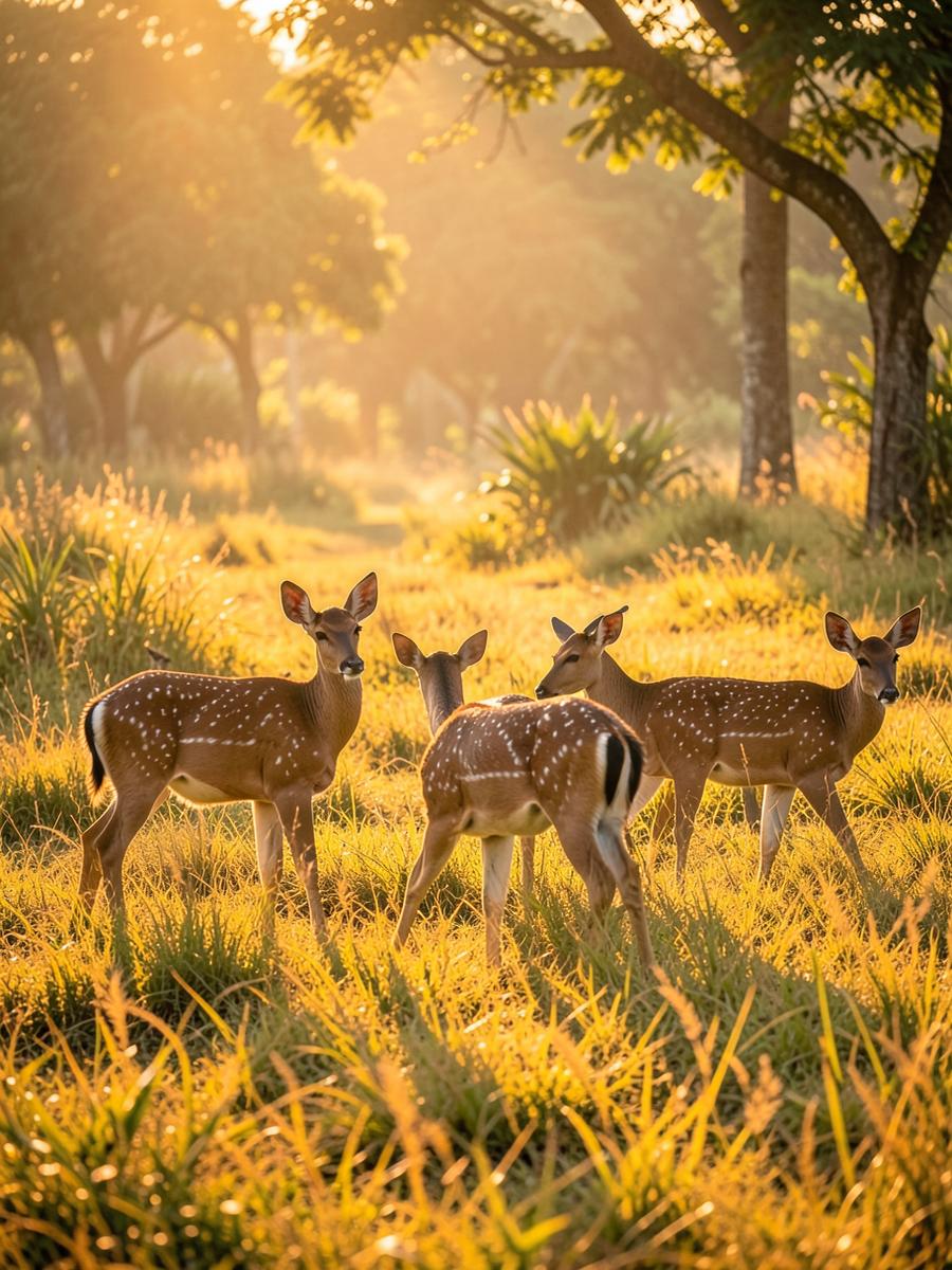 Herd of spotted deer in golden grassland